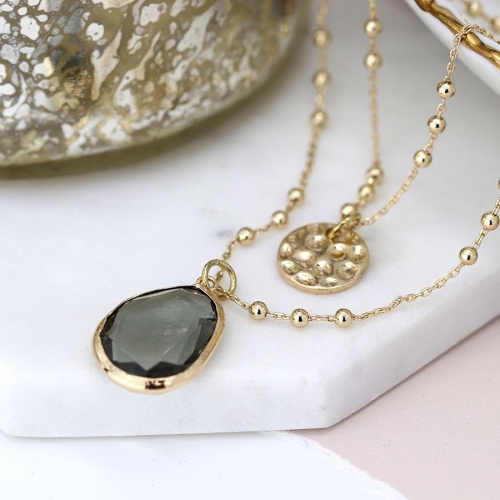 Gold Plated Disc and Smoky Crystal Layered Necklace by Peace Of Mind